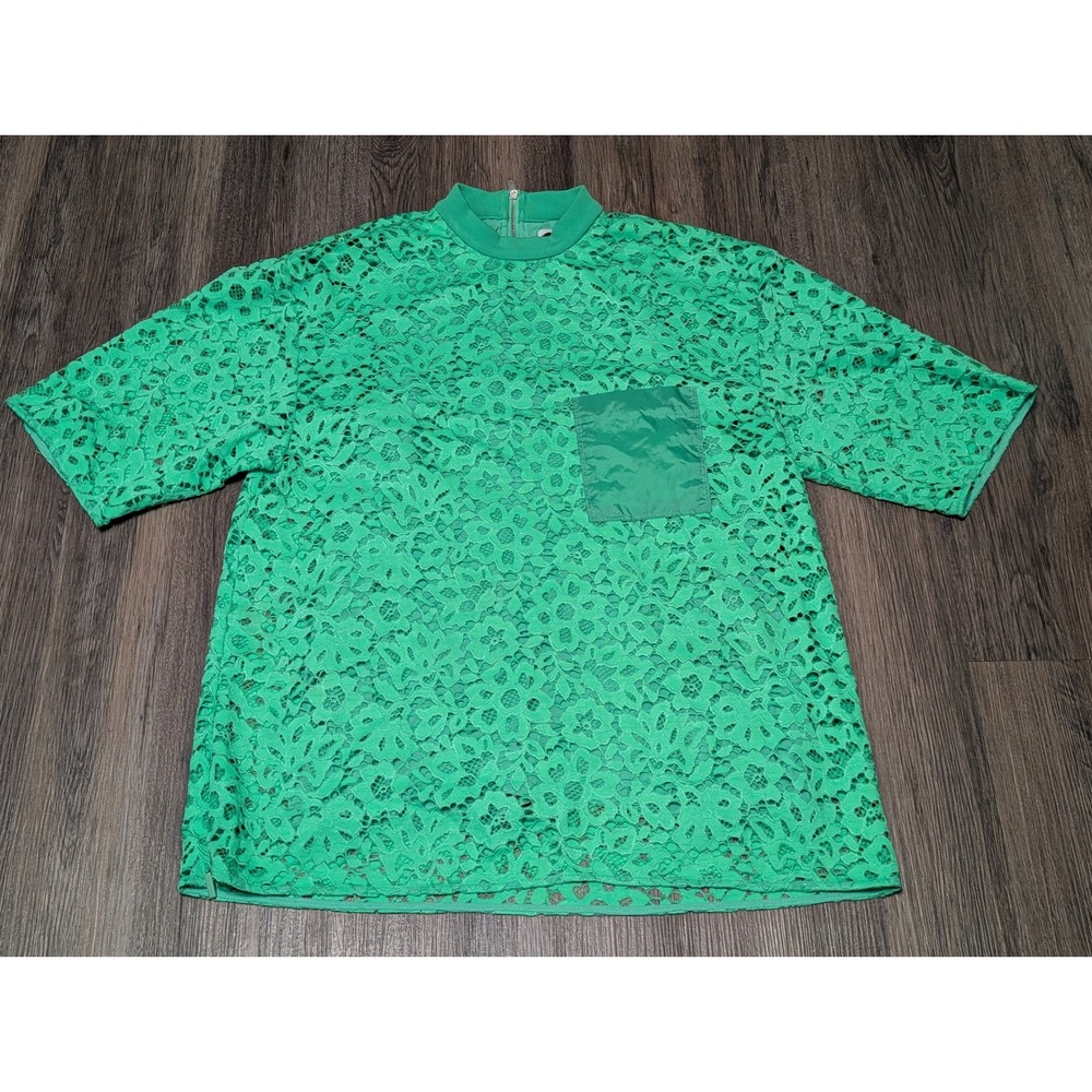 Tibi XXS Green Lace Top‎ Blouse Pocket Mock Neck Short Sleeve Womens